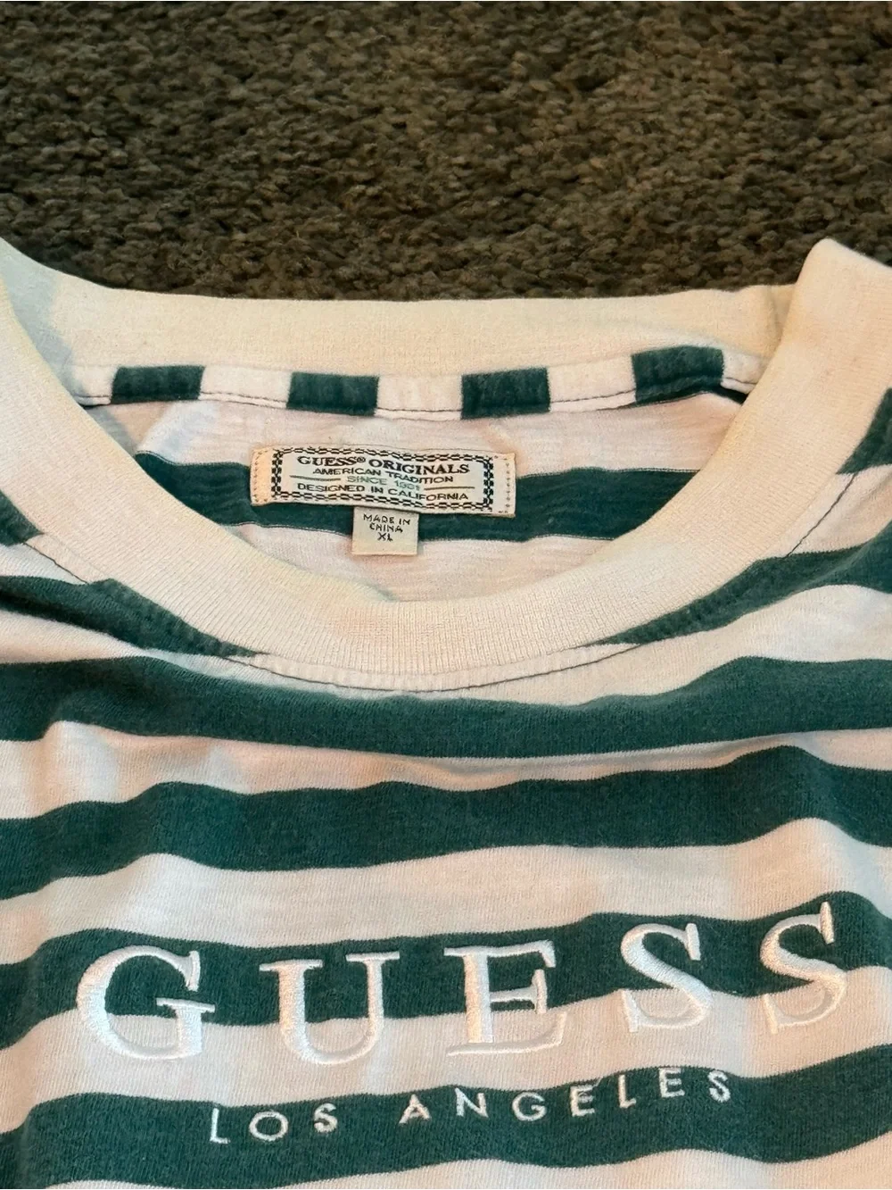 Vintage Guess Men’s Green & White Striped Short Sleeve Tee - Picture 4 of 5